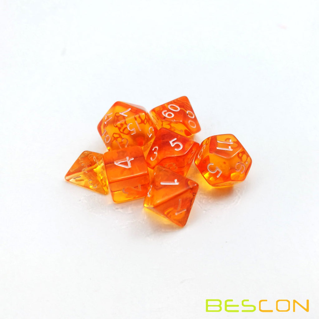 Bescon Mini Translucent Polyhedral RPG Dice Set - 10mm (7-Piece, Transparent Orange)