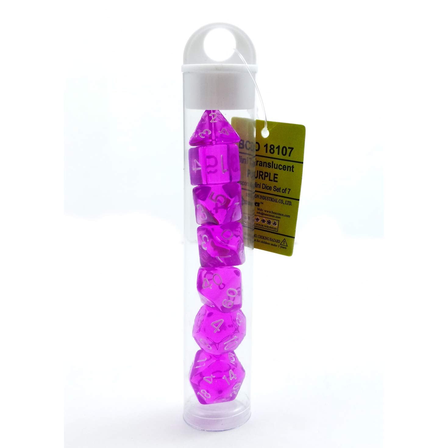 Bescon Mini Translucent Polyhedral RPG Dice Set 10mm - Transparent Purple D4-D20 in Tube