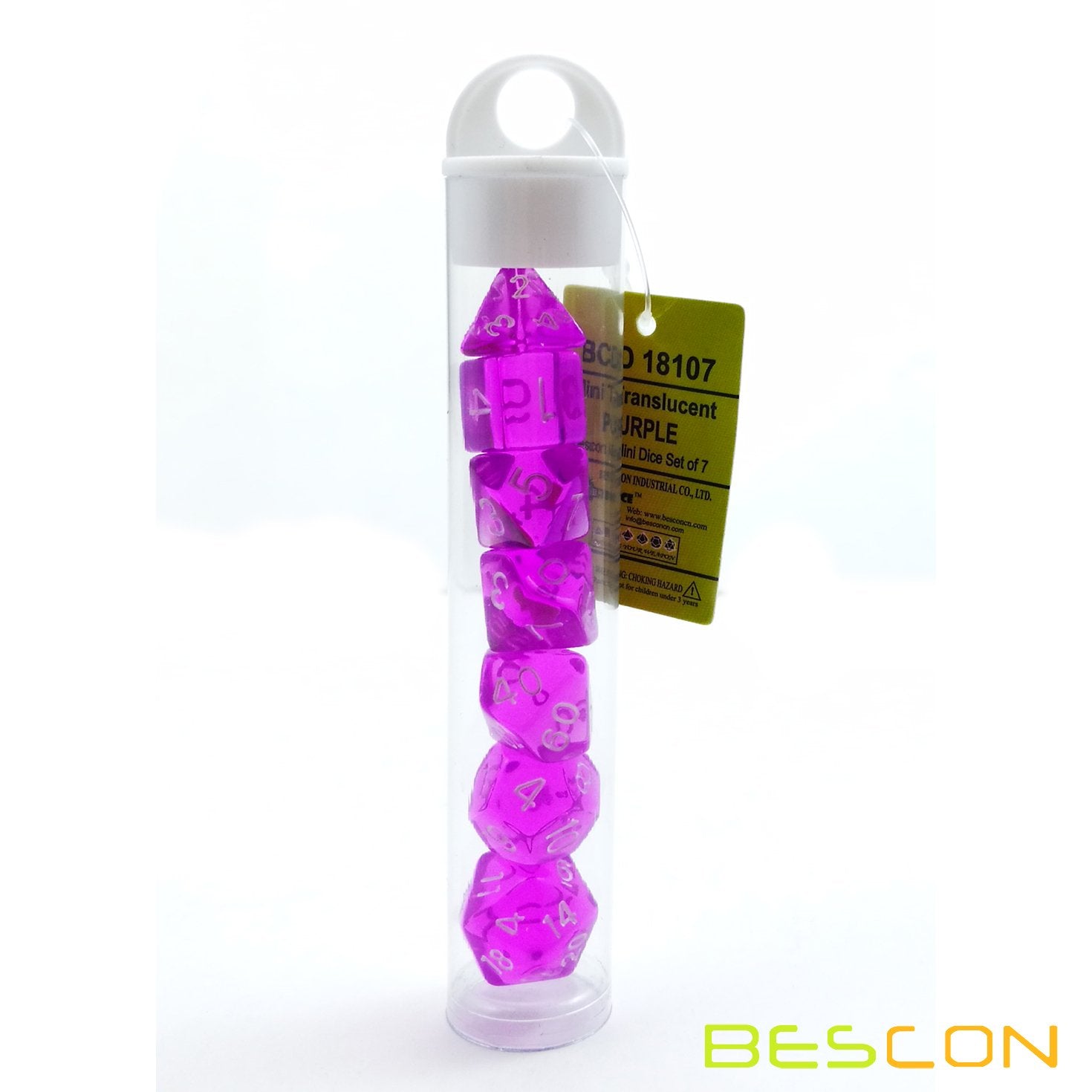 Bescon Mini Translucent Polyhedral RPG Dice Set 10mm - Transparent Purple D4-D20 in Tube