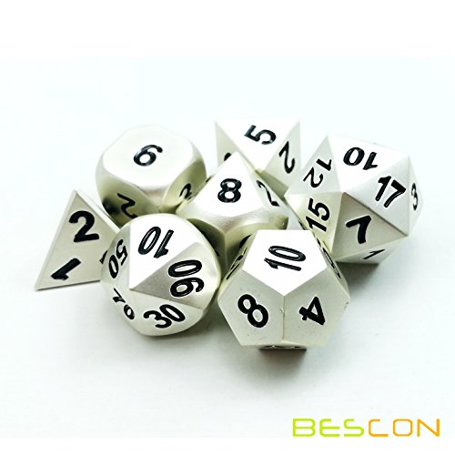Bescon RPG Metal Dice Set 7pc Matte Pearl Silver - Solid Metal Polyhedral for D&D, Pathfinder