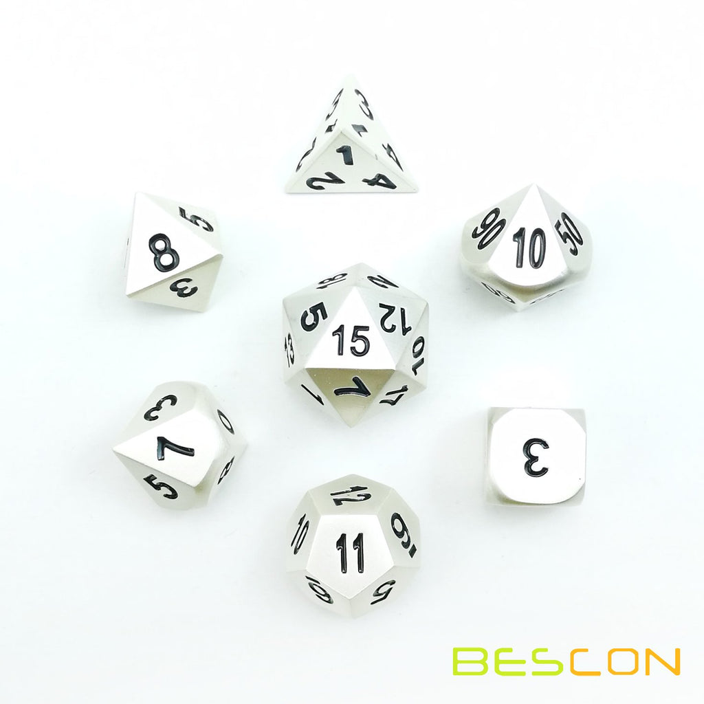 Bescon RPG Metal Dice Set 7pc Matte Pearl Silver - Solid Metal Polyhedral for D&D, Pathfinder