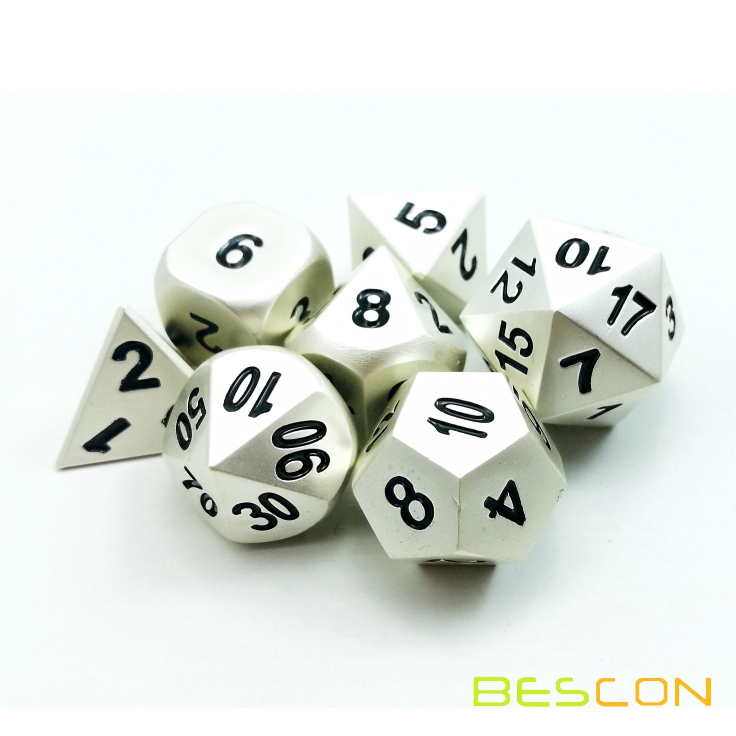 Bescon RPG Metal Dice Set 7pc Matte Pearl Silver - Solid Metal Polyhedral for D&D, Pathfinder