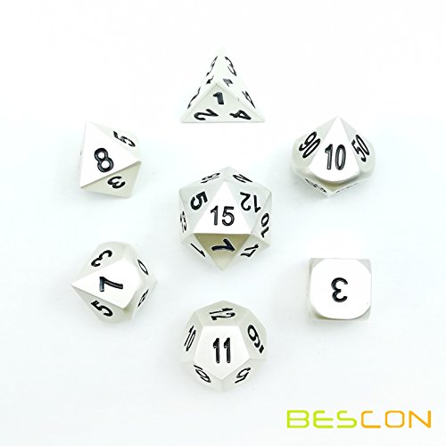Bescon RPG Metal Dice Set 7pc Matte Pearl Silver - Solid Metal Polyhedral for D&D, Pathfinder