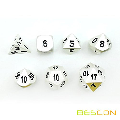 Bescon RPG Metal Dice Set 7pc Matte Pearl Silver - Solid Metal Polyhedral for D&D, Pathfinder