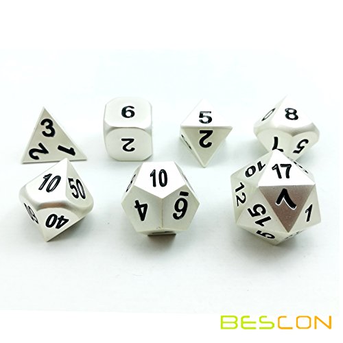 Bescon RPG Metal Dice Set 7pc Matte Pearl Silver - Solid Metal Polyhedral for D&D, Pathfinder