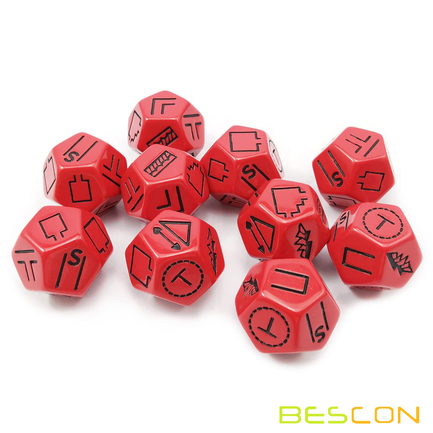 Bescon's Dungeon & Wilderness Terrain Dice Set – 4 Polyhedral RPG Dice (Red, Blue, Yellow, Green) with Pouch