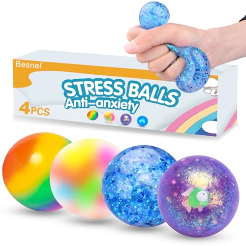 BESNEL Stress Balls Set - 4 Pack Squeeze Balls for Adults and Kids, Soft TPR Stress Relief Toys, Non-Toxic, 6cm Diameter