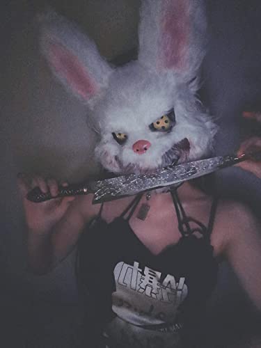 BESSEEK Halloween Bloody Plush Bunny Mask – Creepy Rabbit Cosplay Costume for Adults and Teens