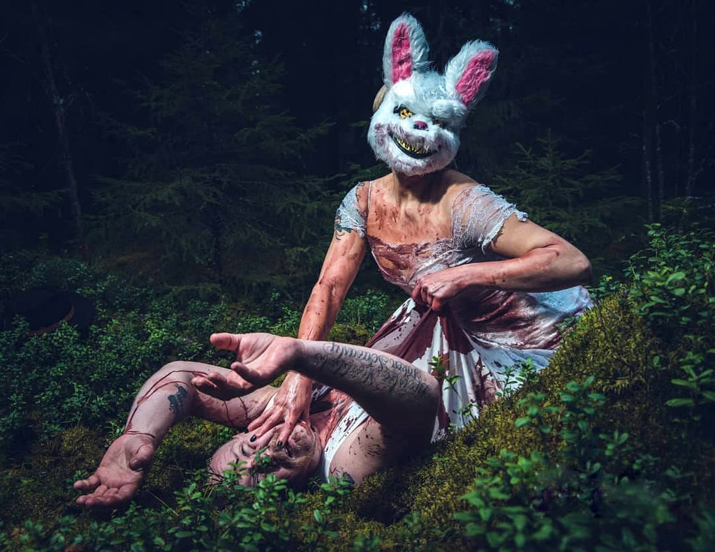 BESSEEK Halloween Scary Mask: Bloody Plush Rabbit-Bear Animal Head Mask with Colorful LED Lights for Cosplay Party