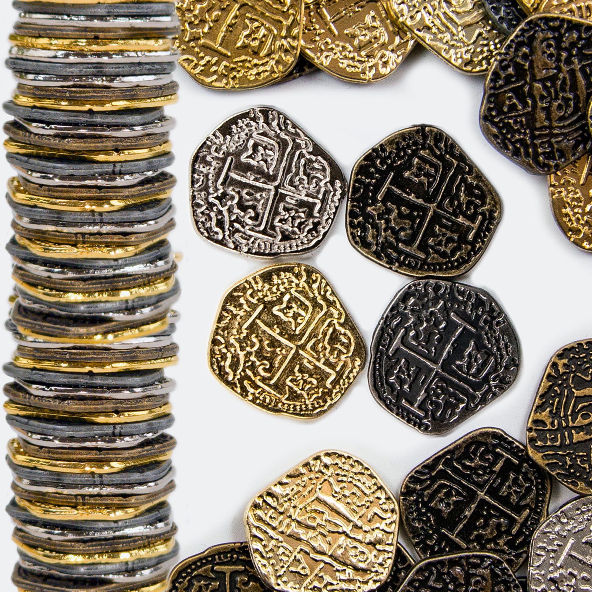Beverly Oaks Pirate Coin Set – 30 Metal Spanish Doubloon Replicas in Gold & Silver