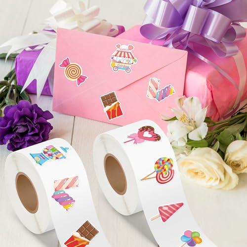 BeYumi 1000-Piece Candy Party Sticker Roll - Waterproof Vinyl Sweets Decals for Laptops, Water Bottles, Scrapbooking