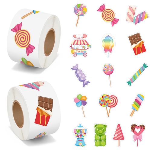 BeYumi 1000-Piece Candy Party Sticker Roll - Waterproof Vinyl Sweets Decals for Laptops, Water Bottles, Scrapbooking