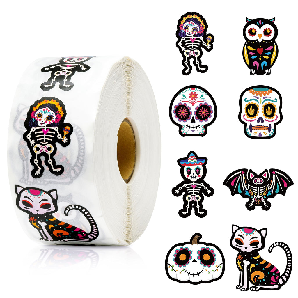 BeYumi 1000Pcs Day of the Dead Stickers – Sugar Skull, Skeleton Cat, Halloween & Mexican Fiesta Decals, Waterproof for Laptop, Water Bottle, Party Supplies