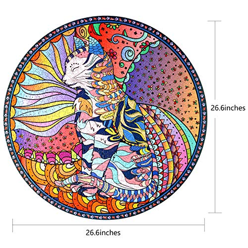 Bgraamiens Mandala Cat 1000 Piece Round Jigsaw Puzzle – Advanced Challenge with Letter-Sorted Back