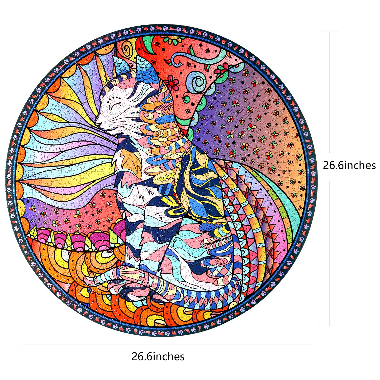 Bgraamiens Mandala Cat 1000 Piece Round Jigsaw Puzzle – Advanced Challenge with Letter-Sorted Back