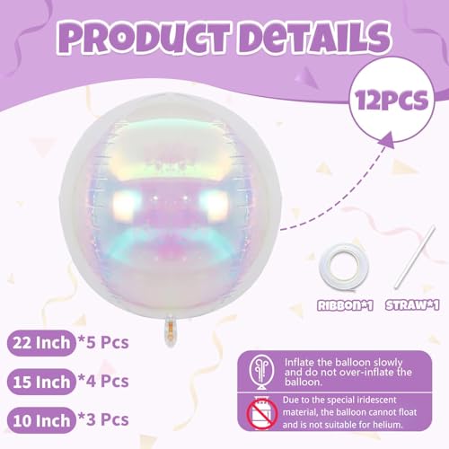 Biapian 12-Pack Iridescent Foil Balloons (10"/15"/22") – 4D Clear Balloon Set for Mermaid Birthday, Wedding, Baby Shower Decor