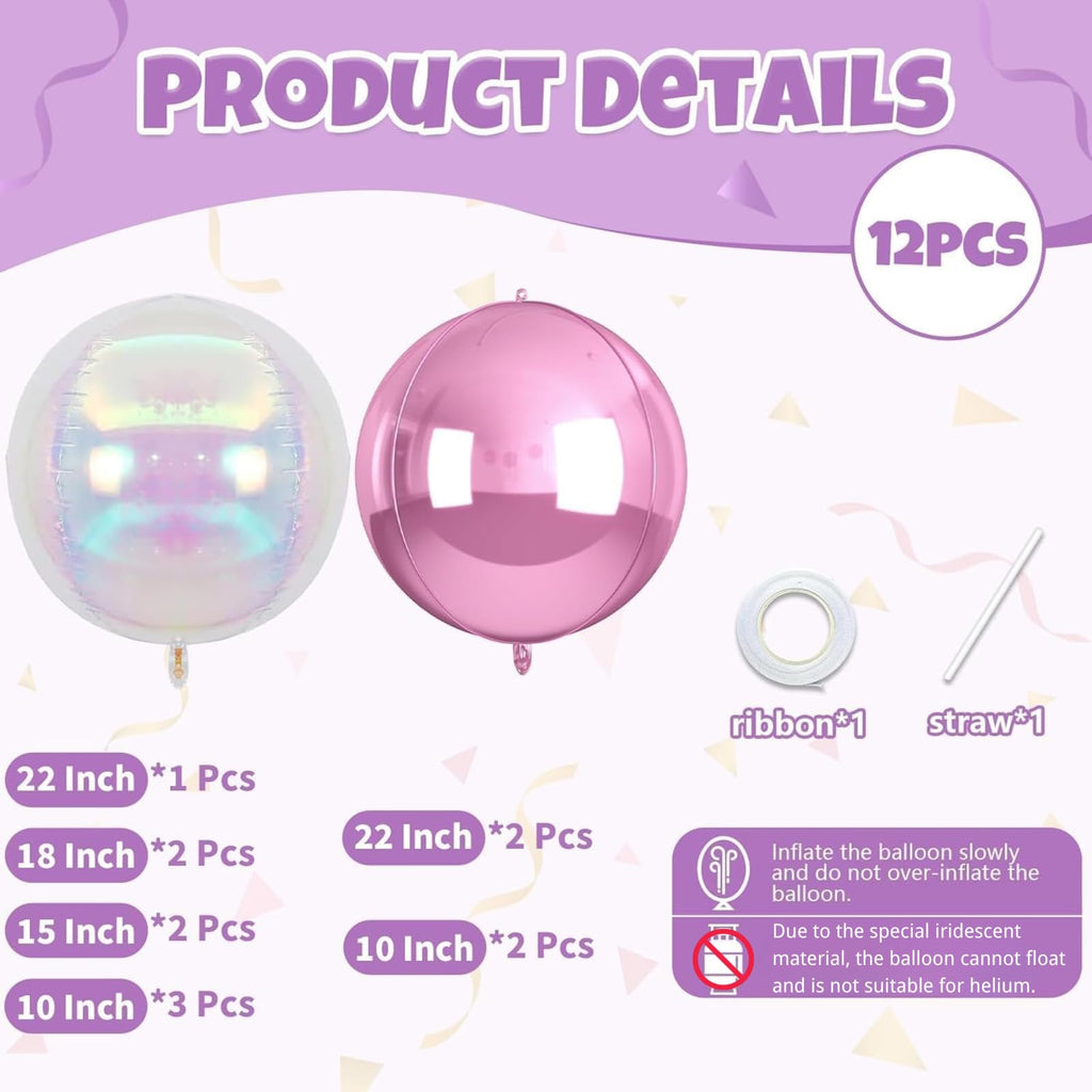 Biapian 12-Pack Pink Iridescent Foil Balloons – 4 Sizes (10-22 Inch) for Party Decor