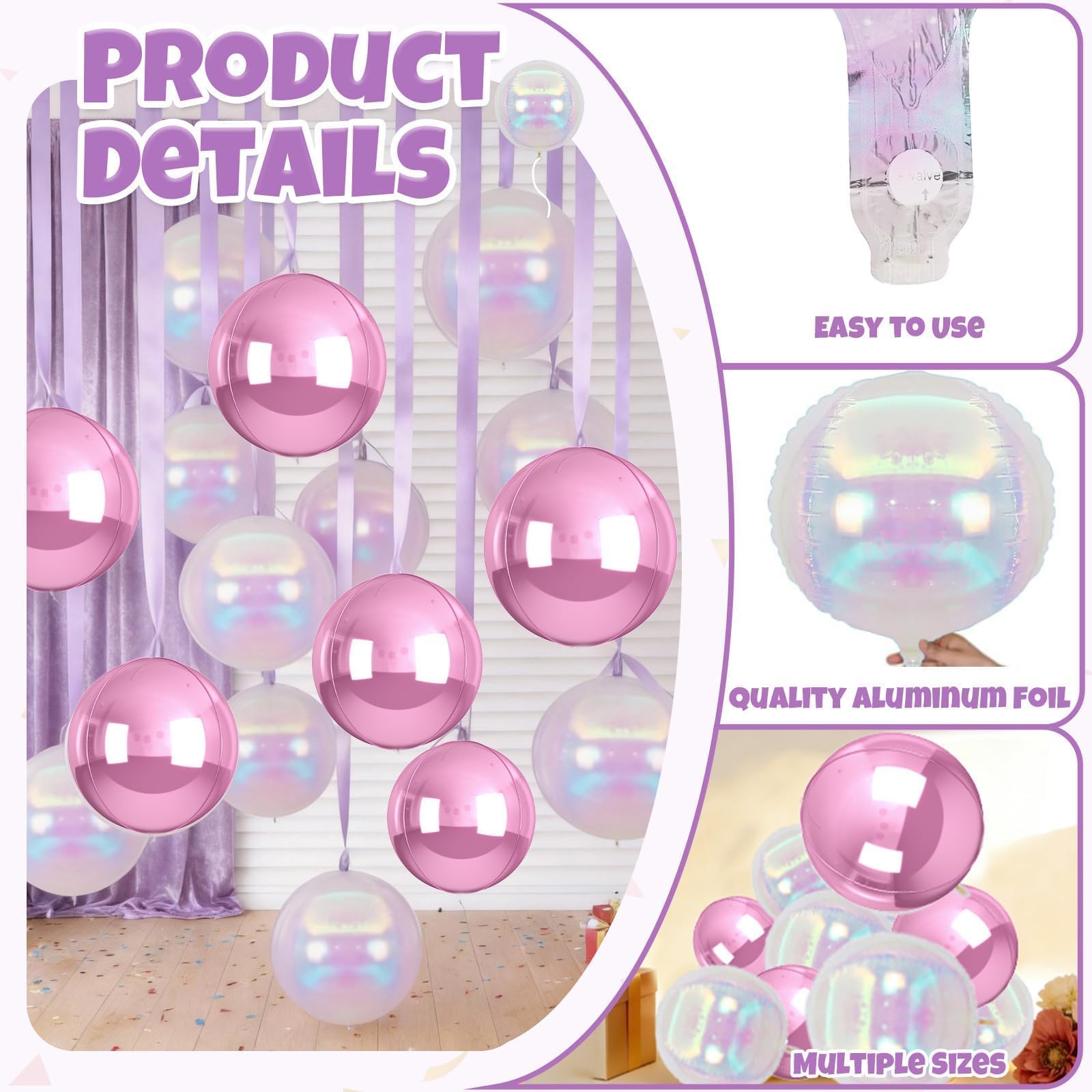 Biapian 12-Pack Pink Iridescent Foil Balloons – 4 Sizes (10-22 Inch) for Party Decor