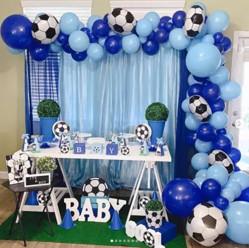 Biapian Soccer Balloon Arch Kit with 4D Football Foil Balloons - Royal Blue, White, Metallic Silver Latex Balloons for Party Decorations