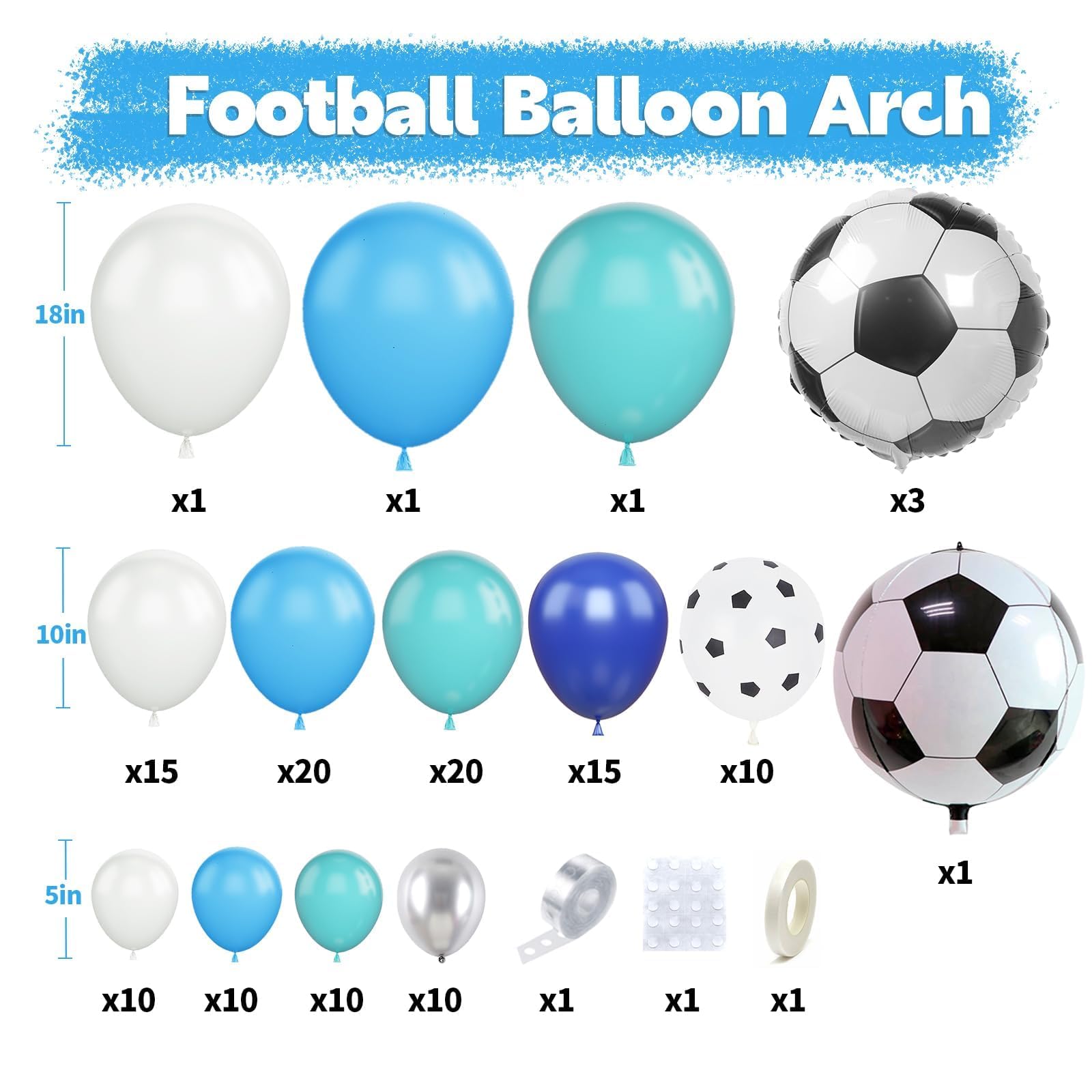 Biapian Soccer Balloon Arch Kit with 4D Football Foil Balloons - Royal Blue, White, Metallic Silver Latex Balloons for Party Decorations