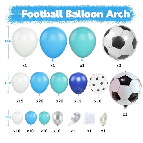 Biapian Soccer Balloon Arch Kit with 4D Football Foil Balloons - Royal Blue, White, Metallic Silver Latex Balloons for Party Decorations