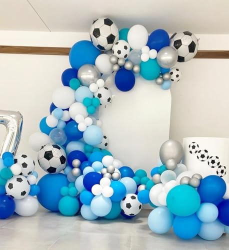 Biapian Soccer Balloon Arch Kit with 4D Football Foil Balloons - Royal Blue, White, Metallic Silver Latex Balloons for Party Decorations