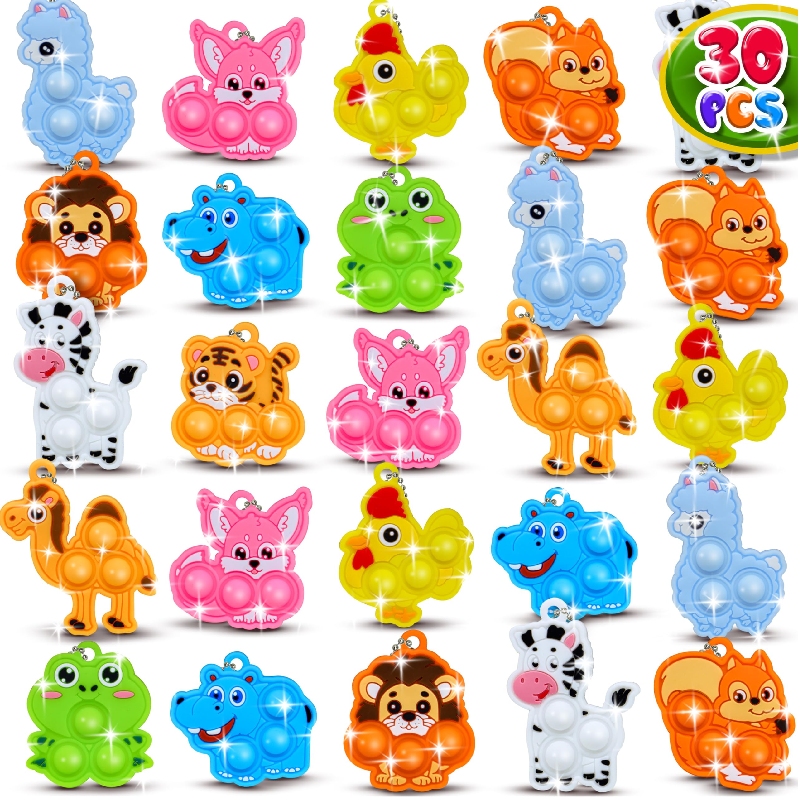 BicMan 30-Pack Animal Pop It Keychains – Bulk Party Favors for Kids, Classroom Prizes, Sensory Fidget Toys