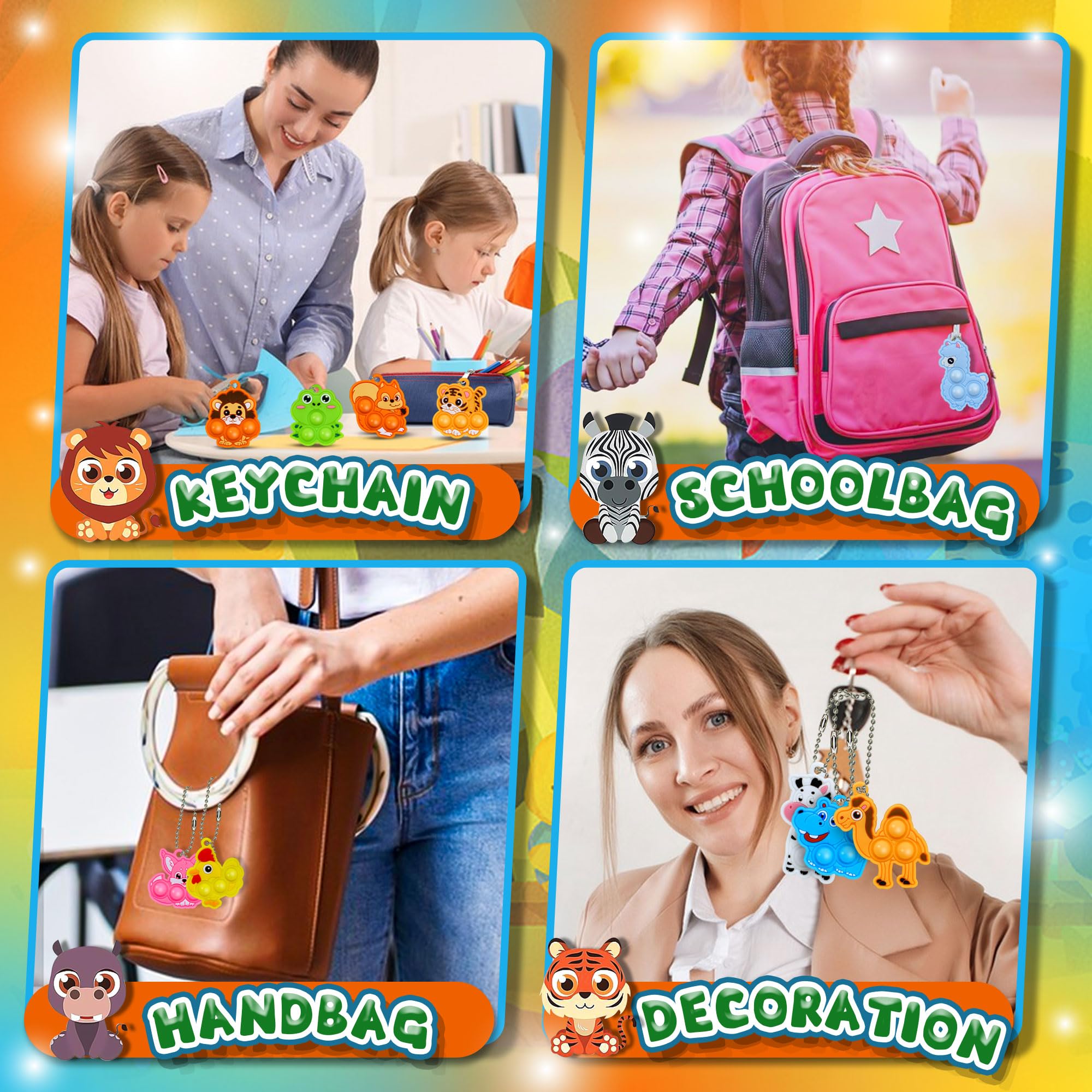 BicMan 30-Pack Animal Pop It Keychains – Bulk Party Favors for Kids, Classroom Prizes, Sensory Fidget Toys