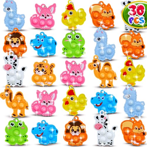 BicMan 30-Pack Animal Pop It Keychains – Bulk Party Favors for Kids, Classroom Prizes, Sensory Fidget Toys