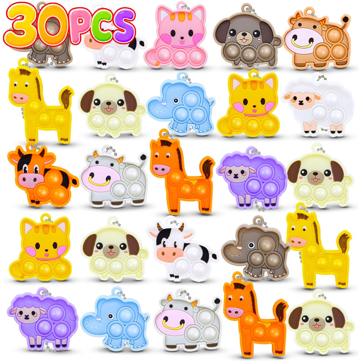 BicMan 30-Pack Pop It Keychains Bulk Set – Mini Silicone Fidget Toys for Kids & Adults, Party Favors, Classroom Prizes, Sensory Stress Relief