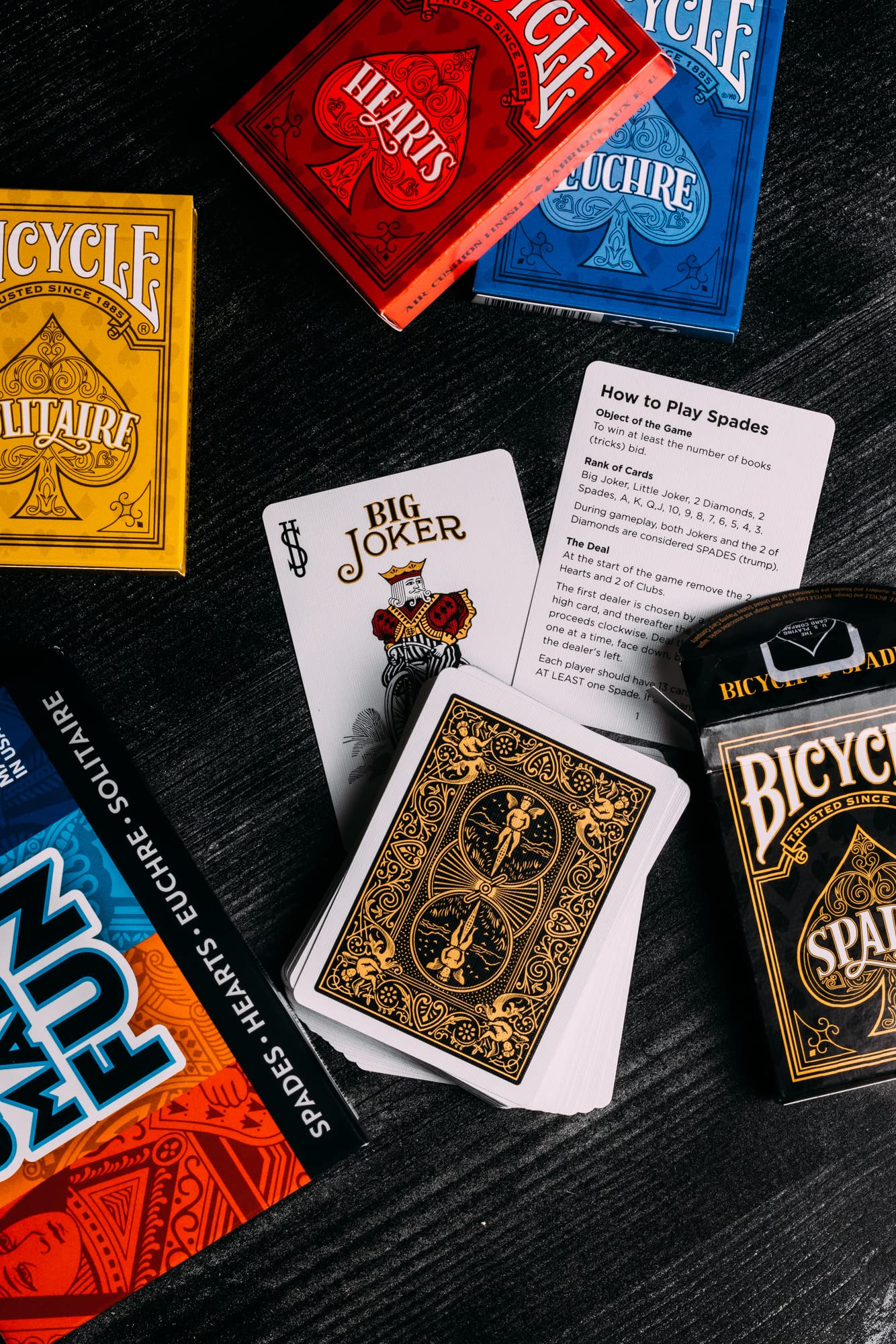 Bicycle 4-in-1 Card Game Pack – Euchre, Hearts, Spades & Solitaire Decks