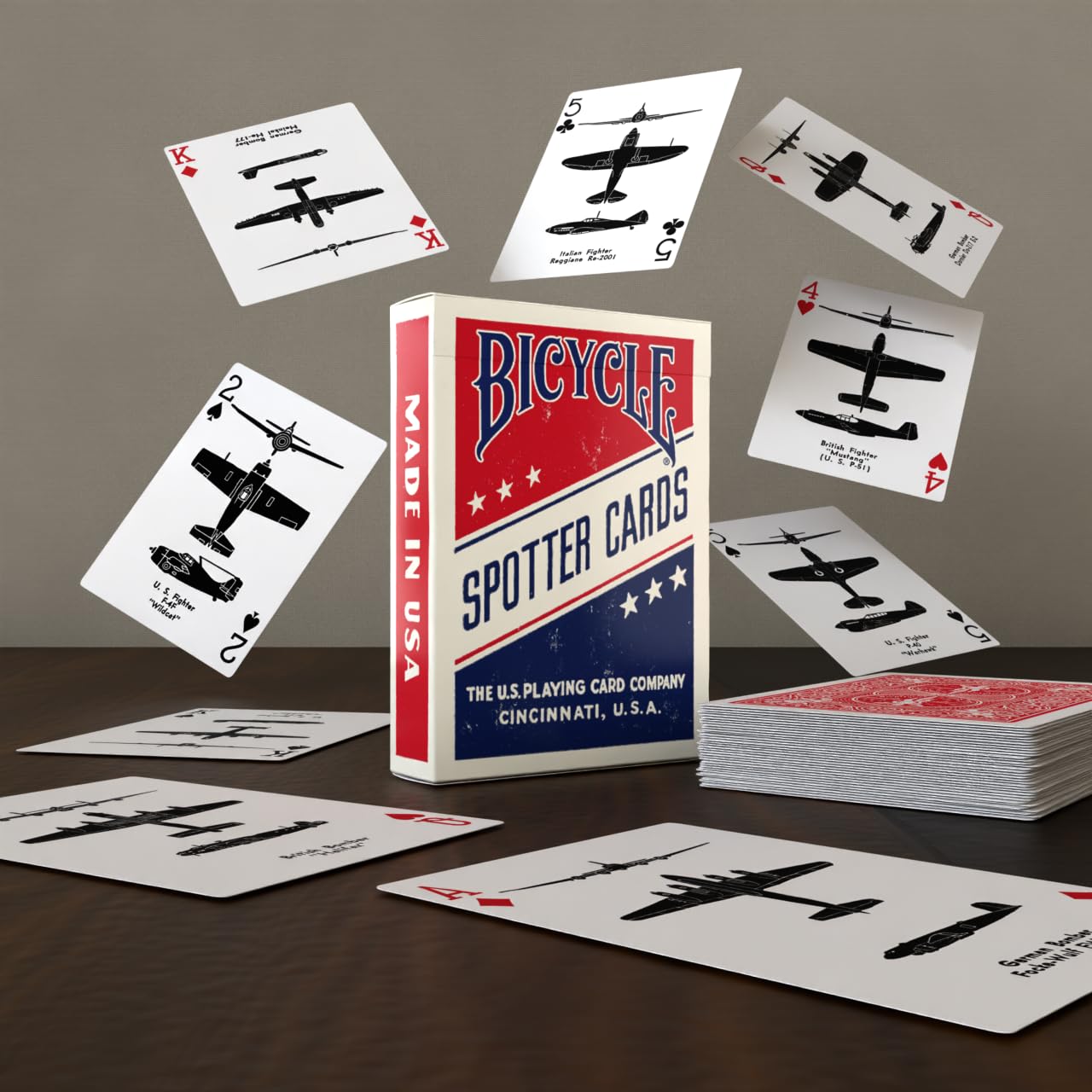 Bicycle Spotter (Red) Playing Cards Deck – WWII Aircraft Silhouette Reproduction, Standard Size, Made in USA