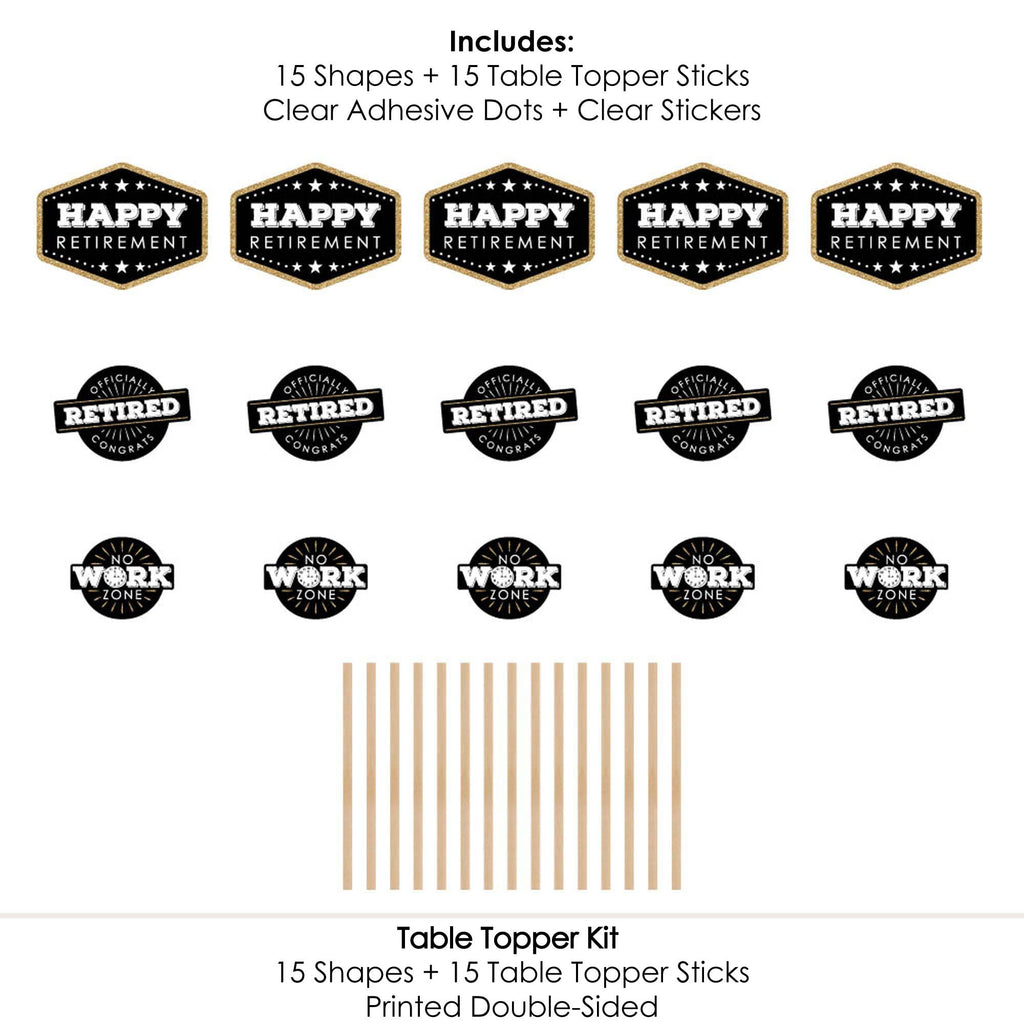 Big Dot of Happiness Retirement Party Centerpiece Sticks - Set of 15 Black and Gold Table Toppers