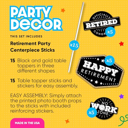 Big Dot of Happiness Retirement Party Centerpiece Sticks - Set of 15 Black and Gold Table Toppers