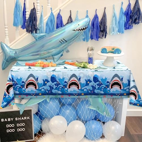 Big Eye Owl 3-Pack Shark Party Tablecloths, 54x108 Inches, Disposable Plastic Rectangle Table Covers for Ocean-Themed Birthdays