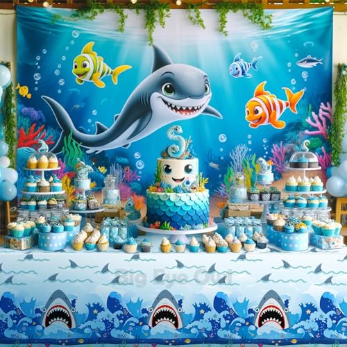 Big Eye Owl 3-Pack Shark Party Tablecloths, 54x108 Inches, Disposable Plastic Rectangle Table Covers for Ocean-Themed Birthdays