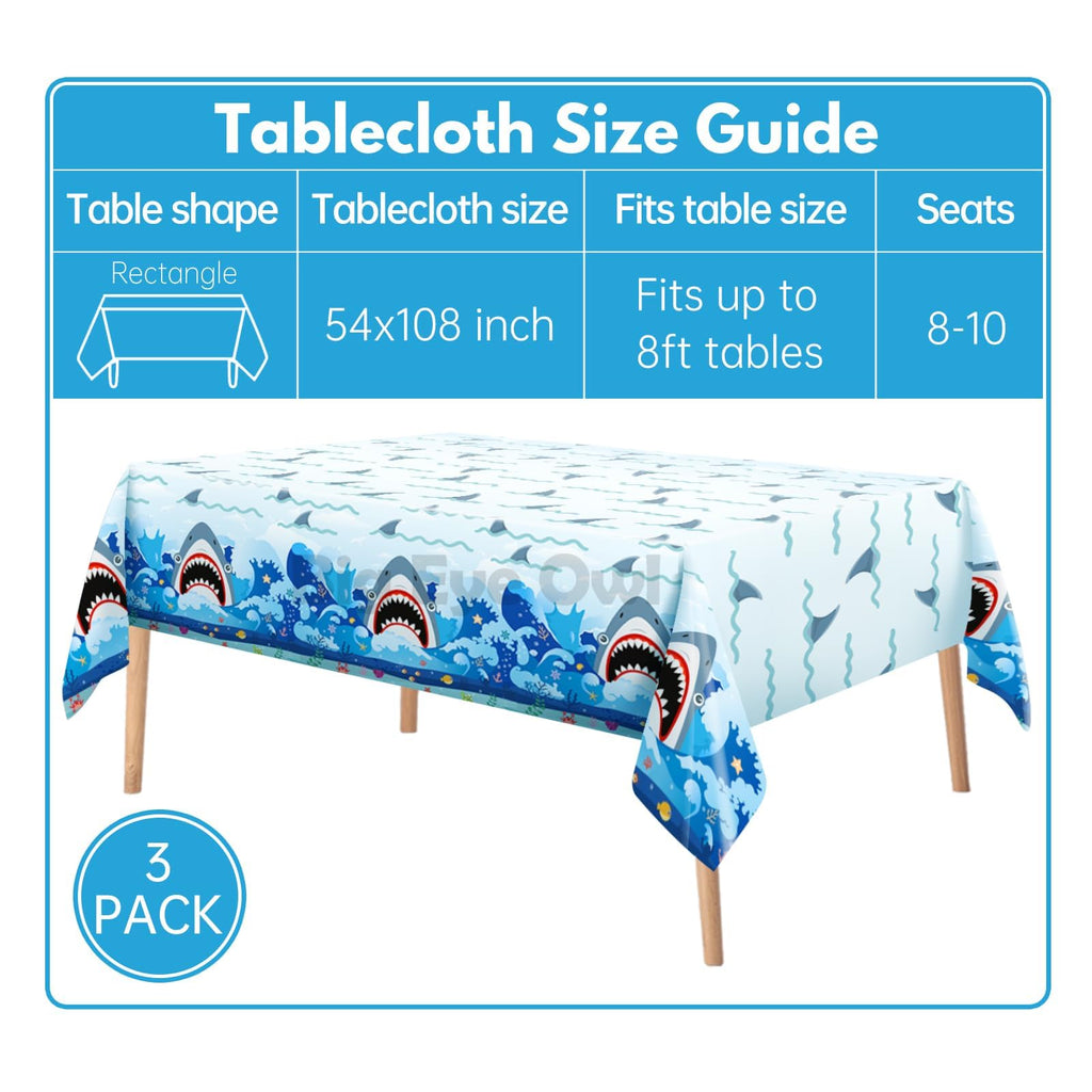 Big Eye Owl 3-Pack Shark Party Tablecloths, 54x108 Inches, Disposable Plastic Rectangle Table Covers for Ocean-Themed Birthdays