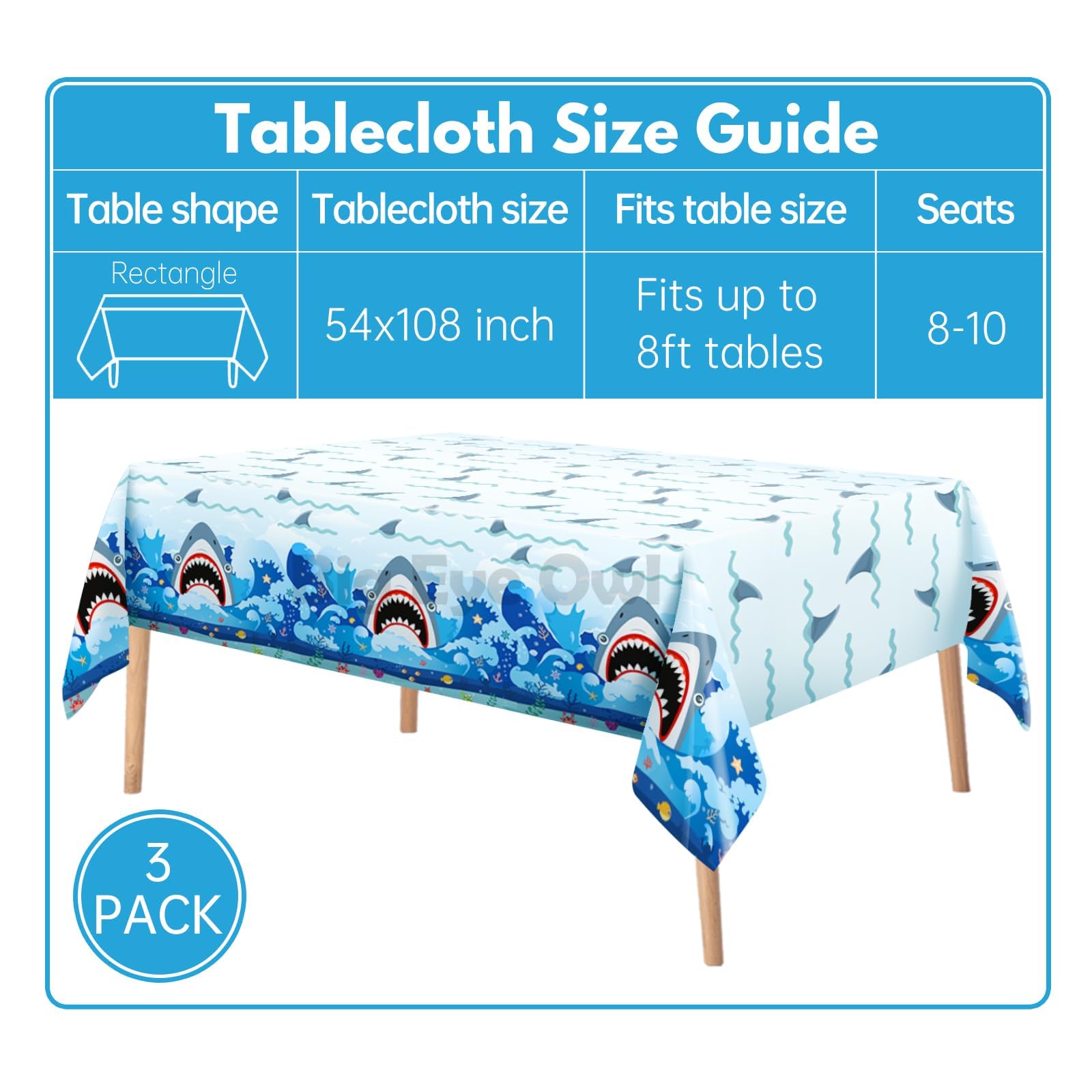 Big Eye Owl 3-Pack Shark Party Tablecloths, 54x108 Inches, Disposable Plastic Rectangle Table Covers for Ocean-Themed Birthdays