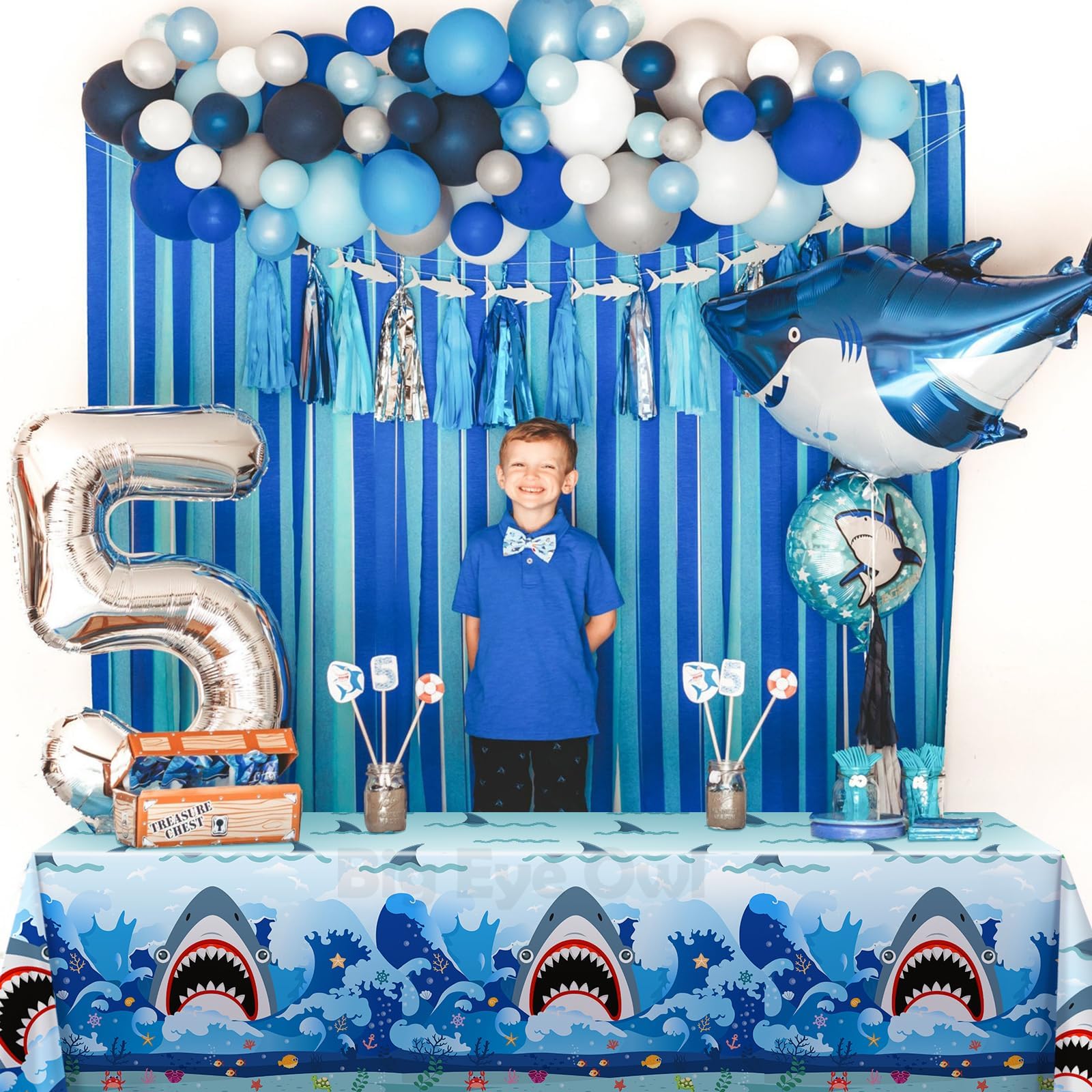 Big Eye Owl 3-Pack Shark Party Tablecloths, 54x108 Inches, Disposable Plastic Rectangle Table Covers for Ocean-Themed Birthdays
