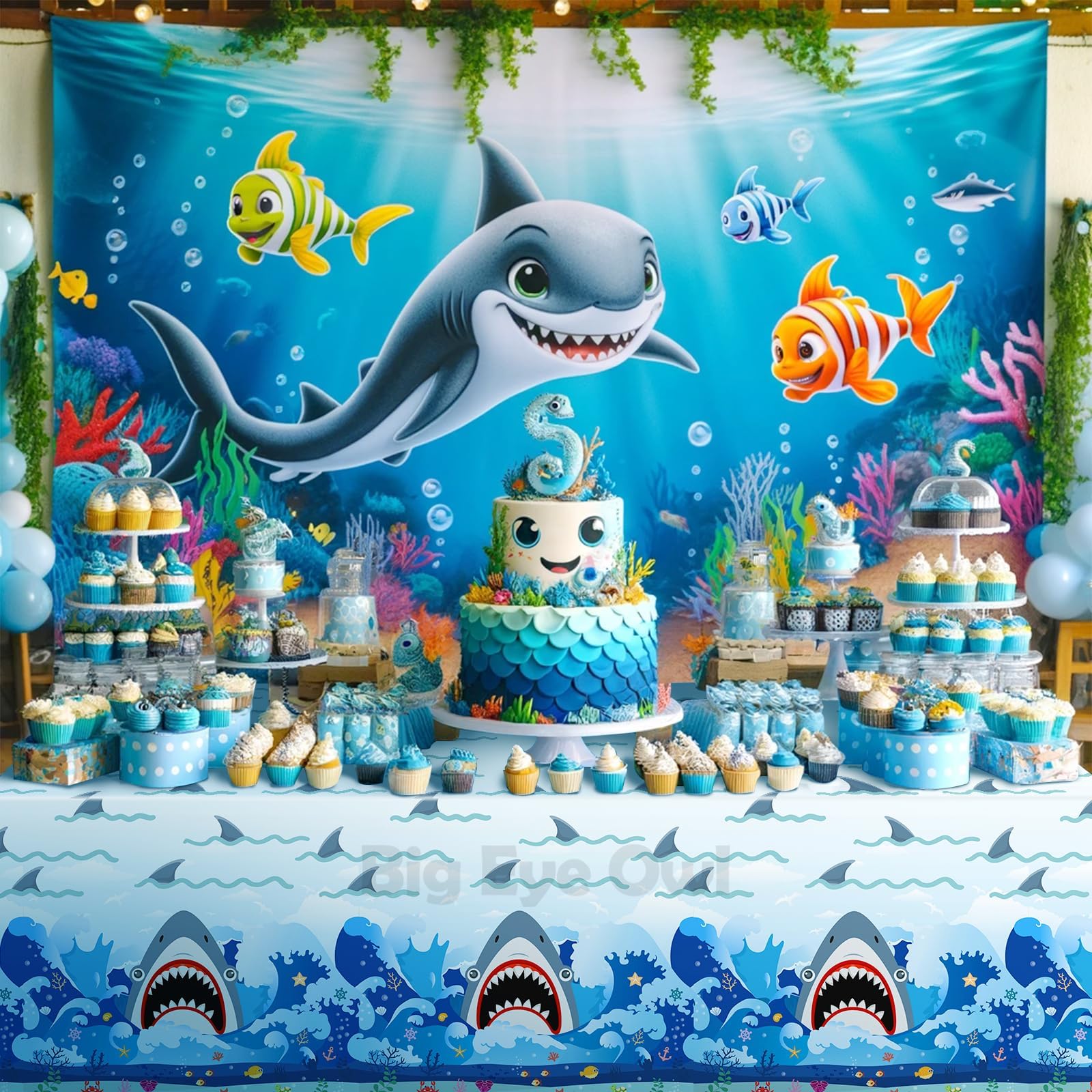 Big Eye Owl 3-Pack Shark Party Tablecloths, 54x108 Inches, Disposable Plastic Rectangle Table Covers for Ocean-Themed Birthdays