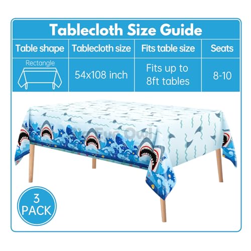 Big Eye Owl 3-Pack Shark Party Tablecloths, 54x108 Inches, Disposable Plastic Rectangle Table Covers for Ocean-Themed Birthdays