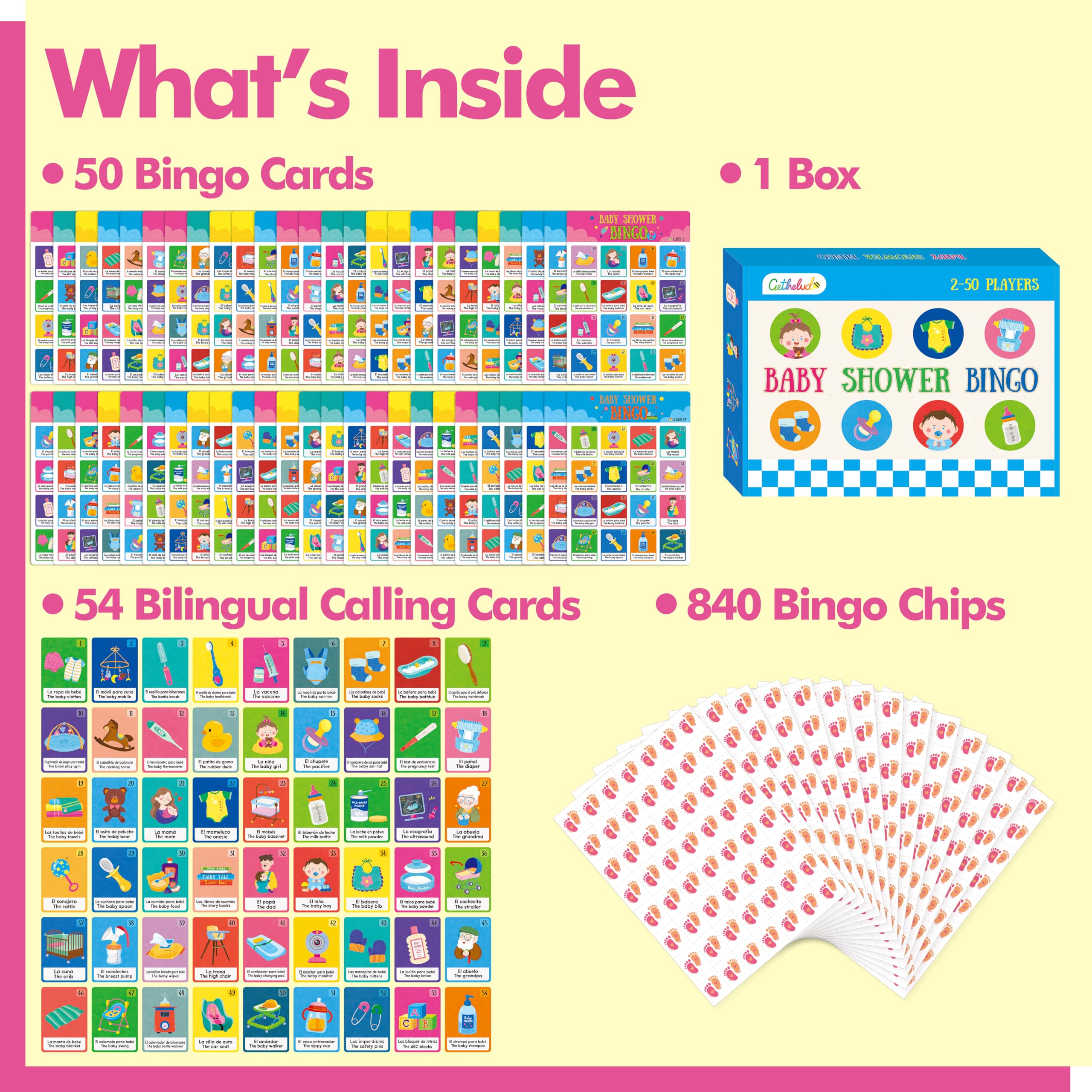 Bilingual Baby Shower Bingo Game – 50 Spanish & English Cards for Gender Reveal Parties