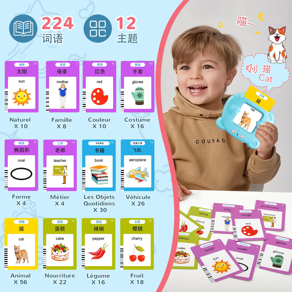 Bilingual Talking Flash Cards for Toddlers: Chinese & English with 224 Sight Words, Montessori Speech Therapy Toy, Rechargeable
