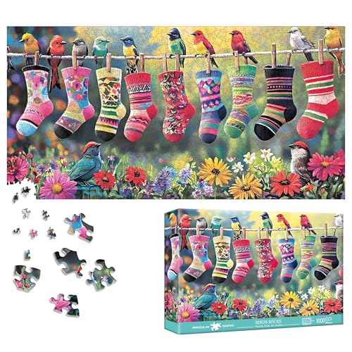 Bimkole Birds and Socks 1000 Piece Jigsaw Puzzle – 31.5 x 16.14 Inch Finished Size, High-Quality Cardboard, Fun Family Activity & Wall Decor