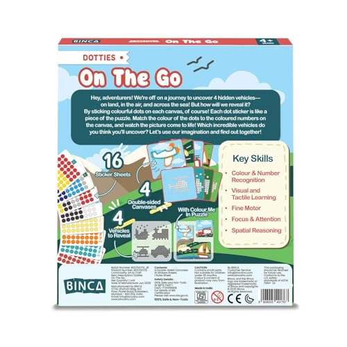 BINCA Dotties Dot Art Activity Kit: Over 750 Stickers, 4 Vehicle Scenes, Mess-Free Travel Craft for Kids Ages 4-8