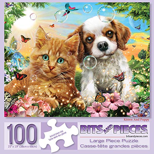 Bits and Pieces 100-Piece Jigsaw Puzzle: Kitten & Puppy by Adrian Chesterman – 15" x 19"