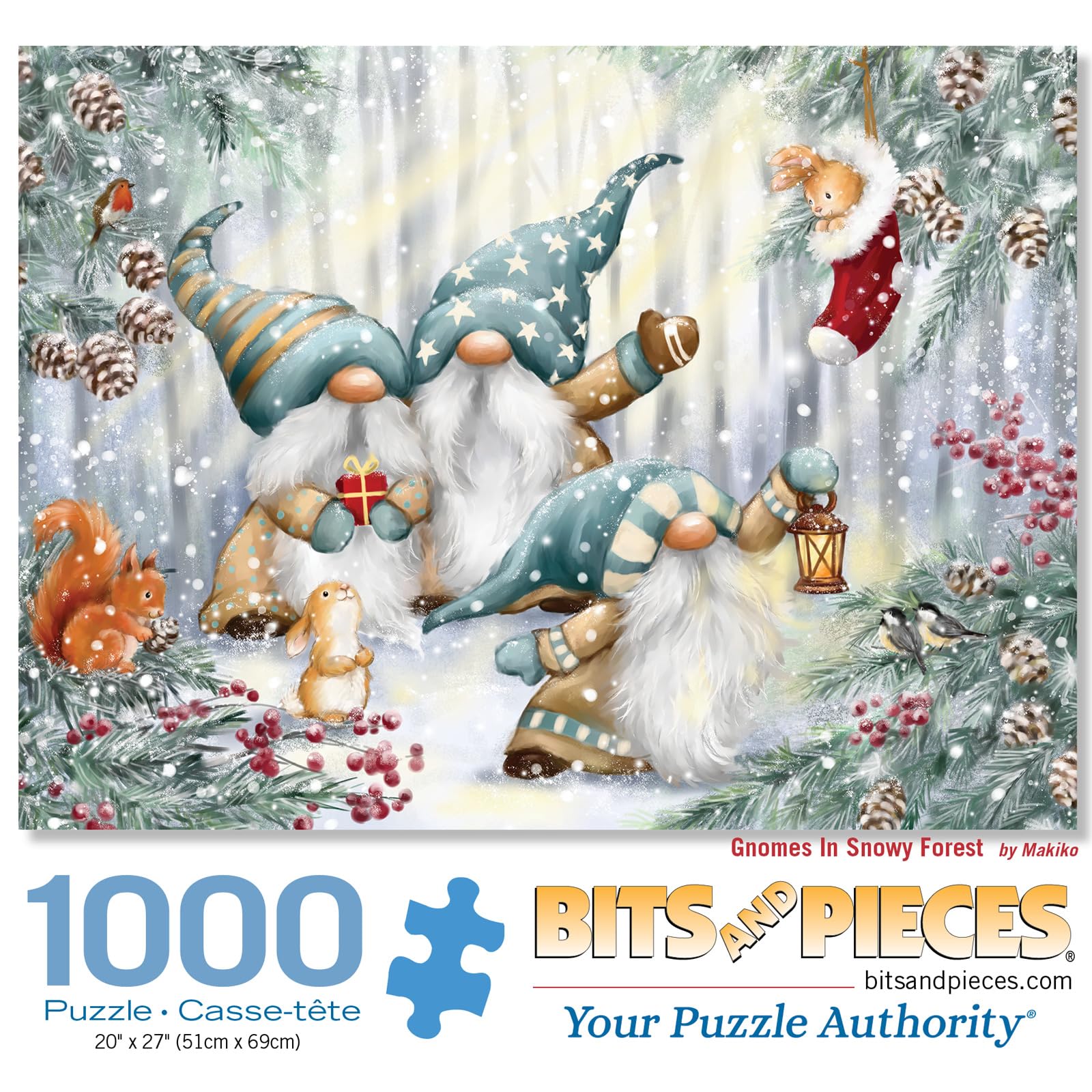 Bits and Pieces 1000 Piece Jigsaw Puzzle – Gnomes in Snowy Forest, 20x27 Inches, Random Cut Pieces, No Two Alike