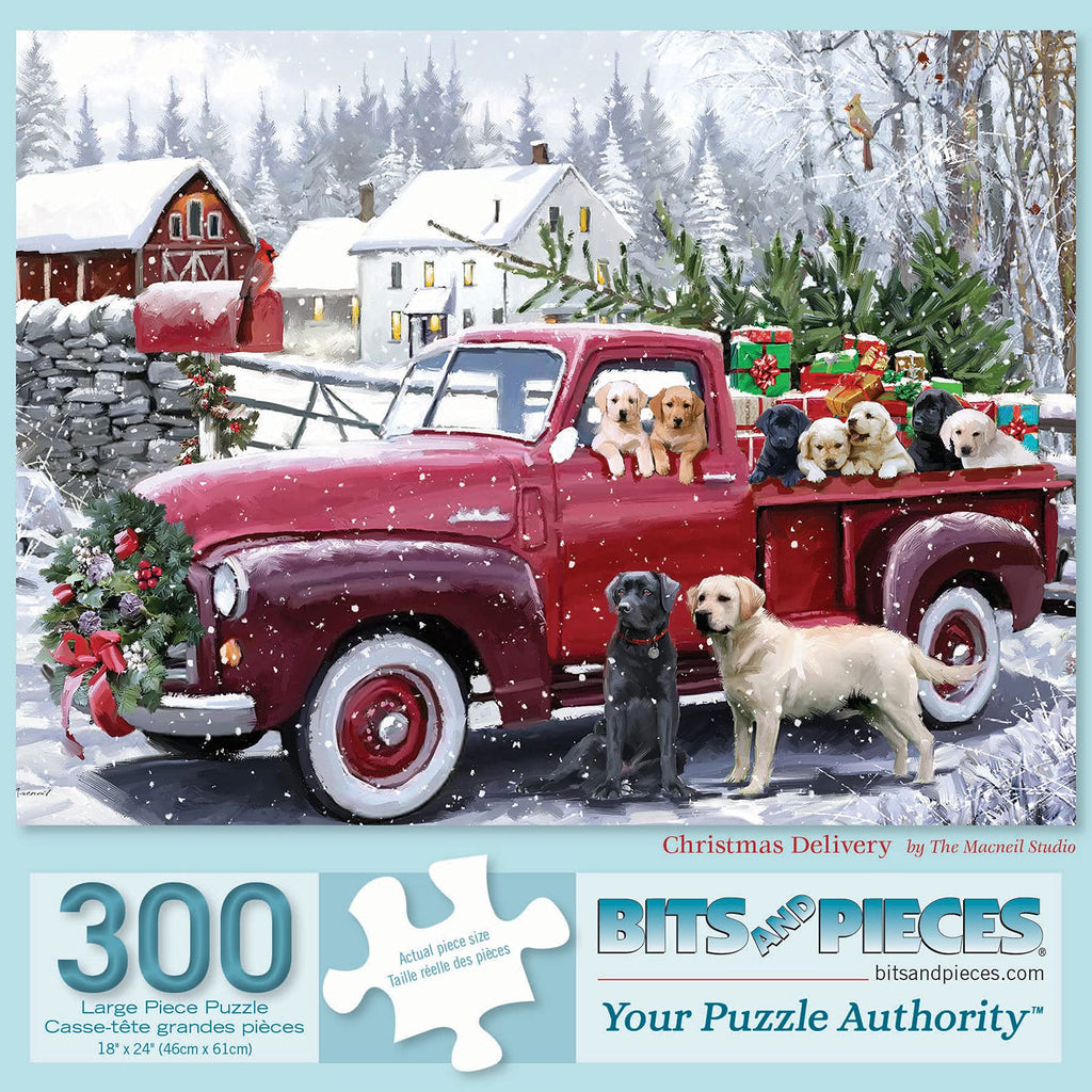 Bits and Pieces 300-Piece Jigsaw Puzzle: Red Truck with Christmas Puppies, Large 15x19 Inches, Random Cut