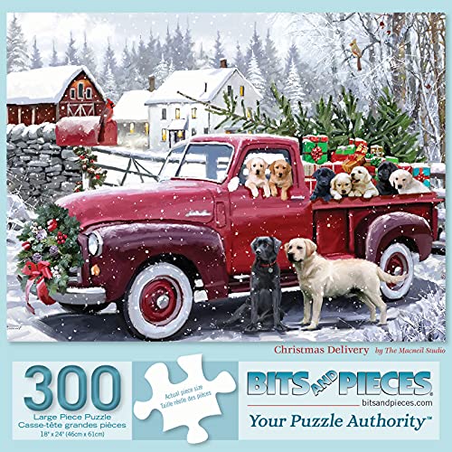 Bits and Pieces 300-Piece Jigsaw Puzzle: Red Truck with Christmas Puppies, Large 15x19 Inches, Random Cut
