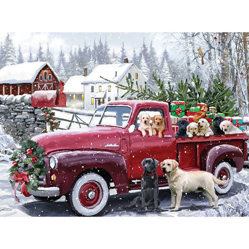 Bits and Pieces 300-Piece Jigsaw Puzzle: Red Truck with Christmas Puppies, Large 15x19 Inches, Random Cut
